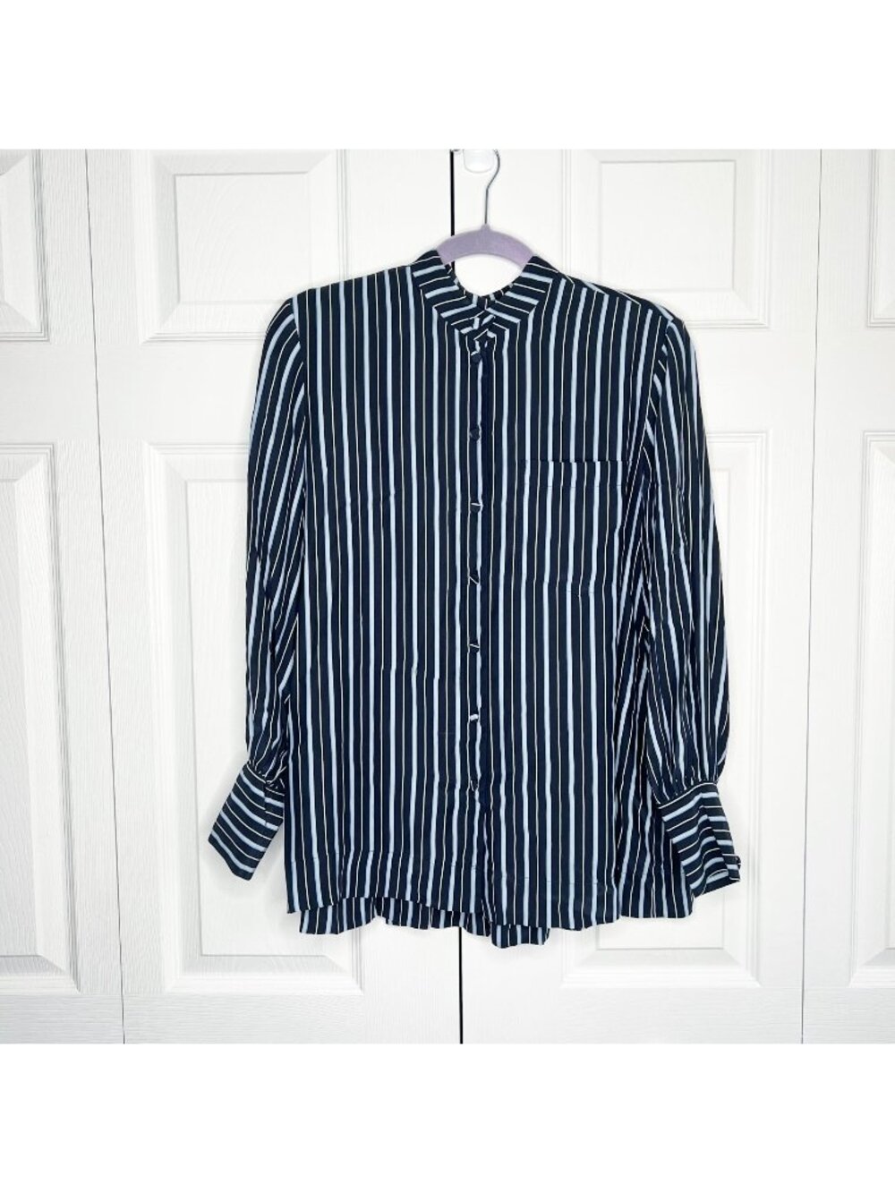 CO Blue Black Stripe Printed Button Front 100% Silk Shirt Women's Size X-Small X